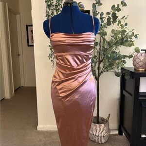 🌹 Rose Gold Satin Midi Wrap Dress